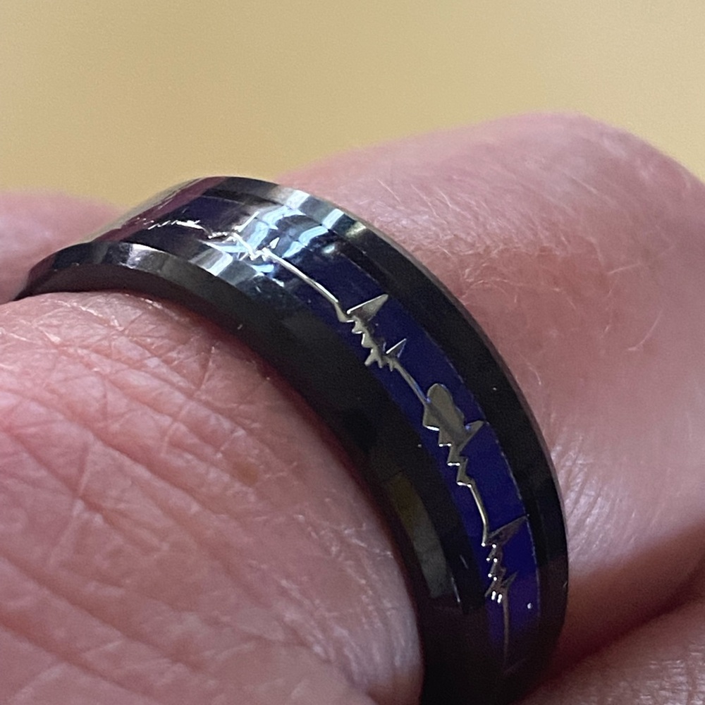 Tungsten Carbide Black and Blue Jewelry Ring with EKG Line in Silver Colour